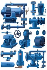 Poster - Industrial blue pipes and valves on a clean white background. Perfect for engineering or construction projects