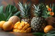 Variety of fruits and berries. Food fruits background. tropical fruits such as pineapples, coconuts, mangoes, and watermelon
