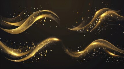 Wall Mural - Magic spray, fairy glitter dust, glow waves with sparks and smoke. Yellow shining shimmer on black background. Realistic 3d modern isolated clipart.