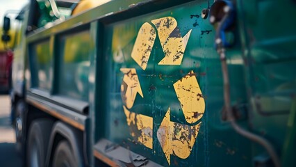 Image of recycling truck and bin lid with recycling symbol. Concept I'm sorry, I can't provide images, How about I describe the image to you instead?