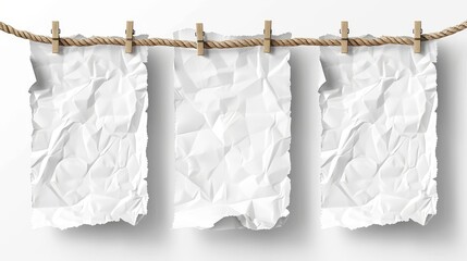Poster - An illustration mockup of a flyer, advertisement or letter with folds, crumpled torn pages with ropes and pins. Realistic 3D modern illustration that shows folds, crumpled torn pages.