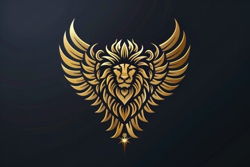 A majestic golden lion head with wings on a black background. Perfect for fantasy or mythology themes