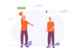 Tired and exhausted elderly man, elderly man energy concept. Old male character doing exercises with kettlebell. Flat vector illustration