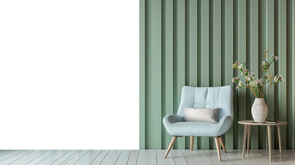 3D rendering of empty wall mockup in living room interior with pastel wooden slats, armchair, coffee table and flower vase on the side. Home decor concept.