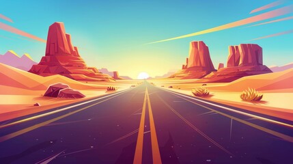 Poster - A road in a desert landscape with rocks and dry ground. The asphalted road disappears into the distance with the sun shining. Cartoon modern illustration.