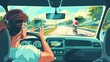 Car driver holding mobile phone and steering automobile along highway with girl riding bicycle in front of vehicle windshield. Cartoon modern illustration showing danger on the road and accident