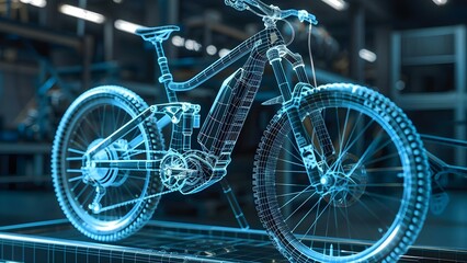 Wall Mural - Virtual wireframe prototype of electric mountain bike in display factory simulation . Concept Virtual Prototyping, Electric Mountain Bike, Display Factory, Simulation, Wireframe Design