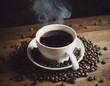 Una tazzina di caffè, il riflesso dell'alba nelle sue curve, accoglie i chicchi di caffè come custodi di un segreto.