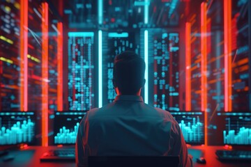 Poster - a man sitting at a desk in front of multiple monitors. ideal for technology and business concepts
