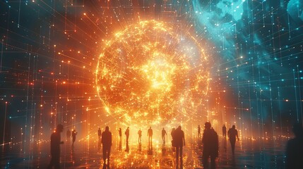 Poster - A radiant orb in a minimalist setting, composed entirely of social media profiles, with beams of light connecting various faces to depict interactions and friendships
