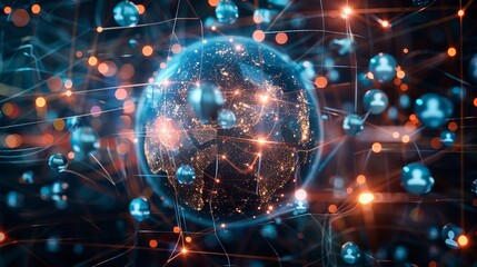Poster - Illustration of a digital globe surrounded by dynamic networks and data points representing global connectivity and information technology.
