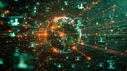 Poster - Illustration of a digital globe surrounded by dynamic networks and data points representing global connectivity and information technology.