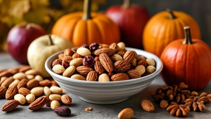  Autumn Harvest Delight  A Bowl of Nuts and Pumpkins