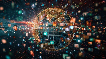 Poster - Illustration of a digital globe surrounded by dynamic networks and data points representing global connectivity and information technology.