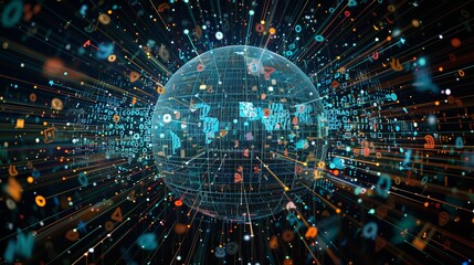 Poster - An intricate network globe formed from social media profiles, each photo a pixel in a larger image of digital unity and community