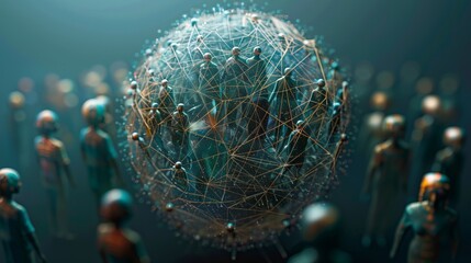 Poster - Futuristic representation of a social media sphere where each segment is a user's face, interconnected by digital lines symbolizing online interactions