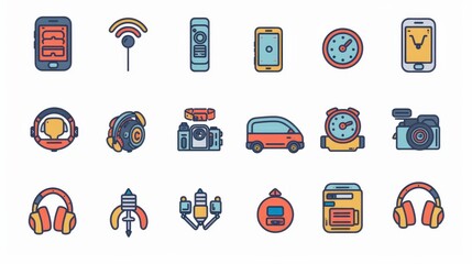Poster - outlines of smart home and internet of things technology icons. Modern symbols of a phone, wireless watch, headphones, printer, remote control of a light and a car.