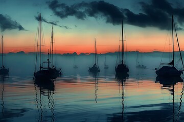 Wall Mural - A tranquil bay at twilight, with the last light of day reflecting off the calm waters and the silhouettes of sailboats moored in the harbor against the fading sky.