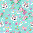 Cat unicorn head on a mint color background seamless pattern