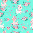 Cute llama on a mint color background seamless pattern