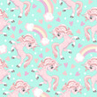Unicorn with hearts on a mint color background seamless pattern