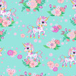 Rainbow zebra with flowers on a mint color background seamless pattern