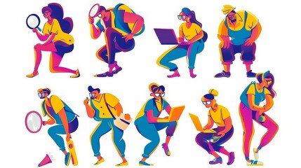 Poster - Set of characters for a creative analytics team isolated on a white background. Researching, drawing, preparing a presentation, and using a laptop. Contemporary modern illustration.