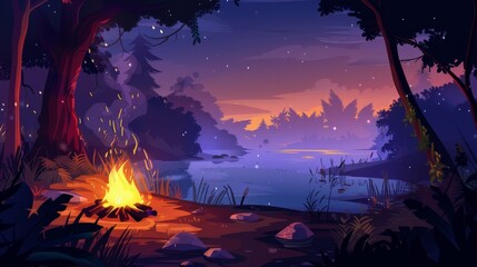 Wall Mural - Stunning tropical campfire in the jungle at night. Dark rainforest landscape featuring a lake, trees, path, and smoldering fire on shore. Modern cartoon illustration.