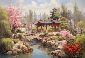 Spring Chinese garden. Oil painting in impressionism style. Horizontal composition