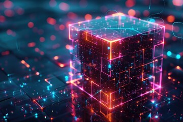 Poster - Illuminated cube on a keyboard, suitable for technology concepts