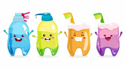 Wall Mural - Animation of toothbrush, paste tube, floss, mouth wash bottle and mouth wash character isolated on white background.
