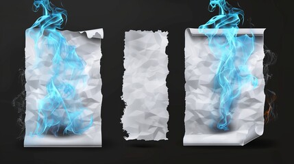Poster - Smoldering blank pages with magic flame isolated on transparent background. Blue fire and burnt edges on burning white paper.