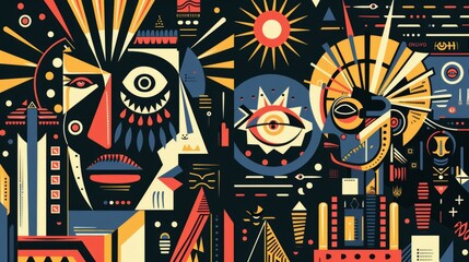 Wall Mural - Posters showing a vintage sculpture face and statue body, a surreal shape with an open eye, and psychedelic elements.