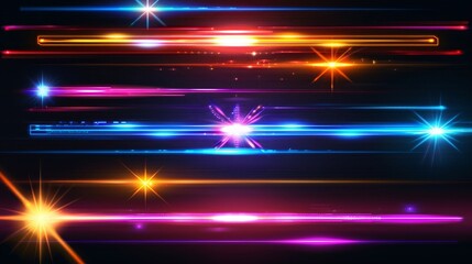 Poster - Abstract flares, flashes of disco ball colors, party lights with rays isolated on transparent background. Modern realistic set with bright light beams and laser rays.