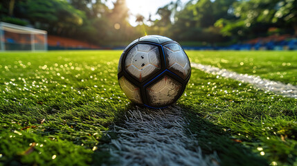 Wall Mural - Net Triumph Textured Soccer Game Field with a Ball in Front of the Soccer Goal