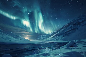 Wall Mural - Aurora borealis dancing over a snowy tundra at midnight.