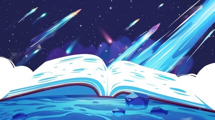 Isolated spacescape on pages of an open book. Illustration of a storybook about alien planets surrounded by meteorites flying through the sky, and cosmic adventures. Reading hobby.