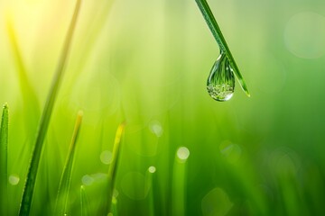 Sticker - dew drops on vibrant green grass blades, illuminated by morning light, capturing the essence of fresh, early morning nature.