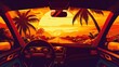 A sunset road with an inside view of the dashboard. Palm tree and sun nature vacation landscape from the vehicle windscreen. Unmanned steering and navigation to orange skyline.