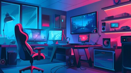 Poster - streamer room interior for video game with console, tv and joystick. dark online lounge ad design fo