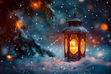 Poster - An enchanting winter scene featuring a lantern with a warm glowing candle amidst a gentle snowfall and evergreens