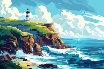 Wall Mural - Coastal cliffs with waves crashing and a lighthouse beam