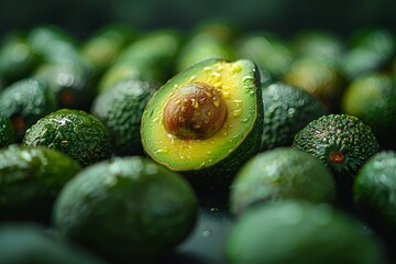 a single halved avocado with a glossy seed stands out among whole avocados, amidst a natural and fre