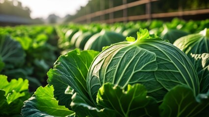 Wall Mural -  Vibrant green cabbage heads in a field ready for harvest