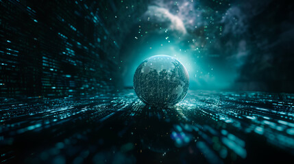 Poster -  a small globe placed within a digital environment, its surface illuminated by a radiant, shimmering light. Through intricate details and dynamic textures, the globe appears to transcend its physical 