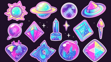 Poster - An abstract design reminiscent of the 2000s. Cartoon modern illustration set of symbols. Retro futuristic collection of psychedelic elements.