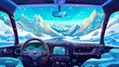 A mountainous landscape as seen from an automobile. Modern cartoon illustration showing a driving road, steering wheel, navigation panel, rear view mirror and windshield, with beautiful scenery
