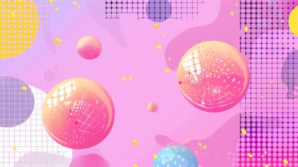 Poster - Y2K poster or banner design template in pink pastel with grids and bitmap pixel abstract shapes and surfaces. Modern illustration set of text box and wireframe forms.