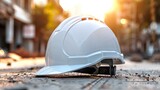 Fototapeta Do akwarium - White hard hat on construction site with blurred background. Safety first concept.