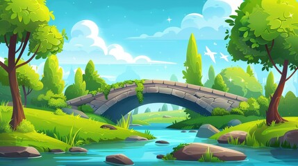 Wall Mural - Cartoon modern panorama summer time urban garden landscape with water stream or lake, trees, and woods with cloudy blue sky in a city public park.